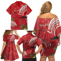 Personalized Mele Kalikimaka Hawaii Family Matching Off Shoulder Short Dress and Hawaiian Shirt I'iwi Bird With Ohia Lehua - Red Color
