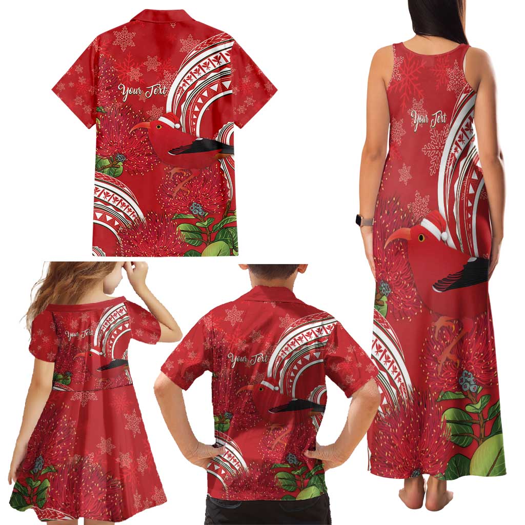 Personalized Mele Kalikimaka Hawaii Family Matching Tank Maxi Dress and Hawaiian Shirt I'iwi Bird With Ohia Lehua - Red Color