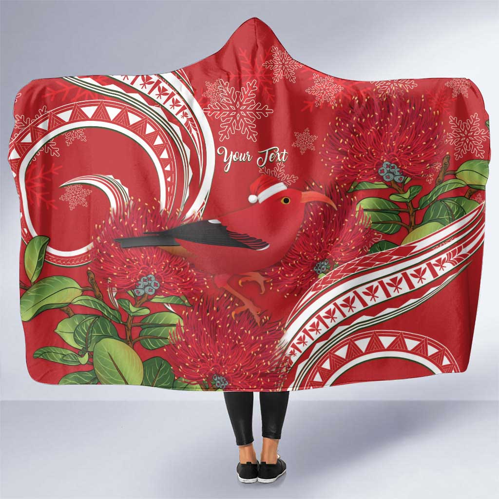 Personalized Mele Kalikimaka Hawaii Hooded Blanket I'iwi Bird With Ohia Lehua - Red Color