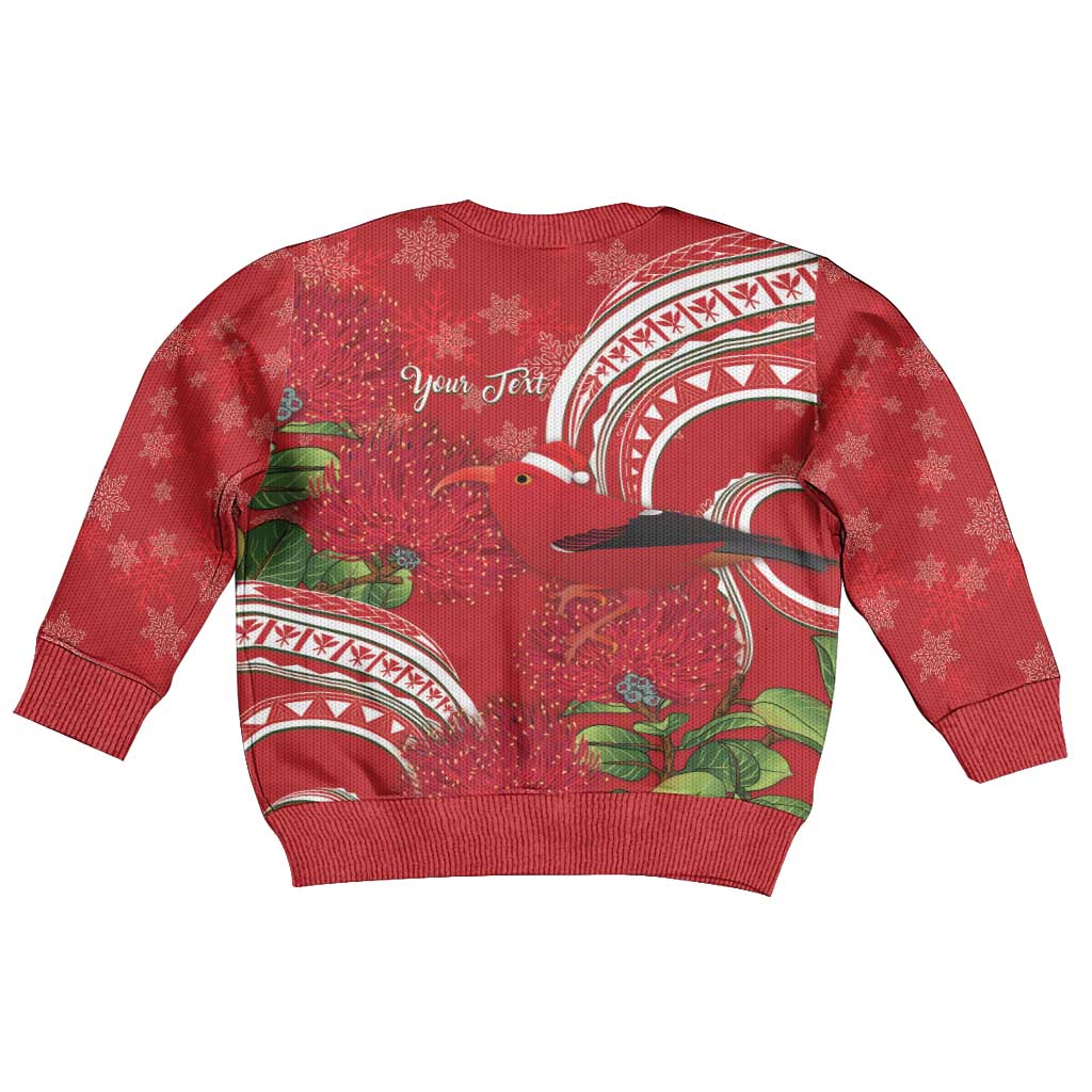 Personalized Mele Kalikimaka Hawaii Kid Ugly Christmas Sweater I'iwi Bird With Ohia Lehua - Red Color