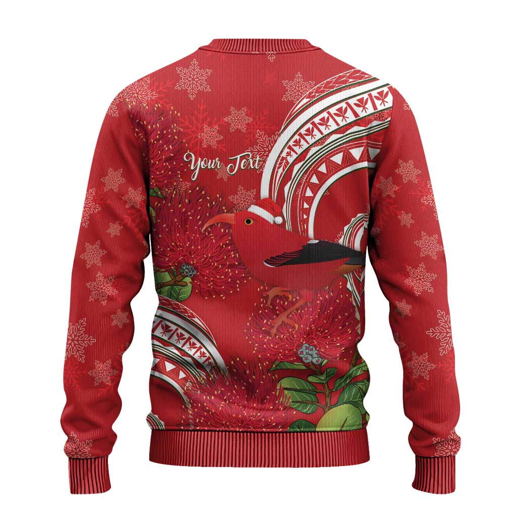 Personalized Mele Kalikimaka Hawaii Ugly Christmas Sweater I'iwi Bird With Ohia Lehua - Red Color