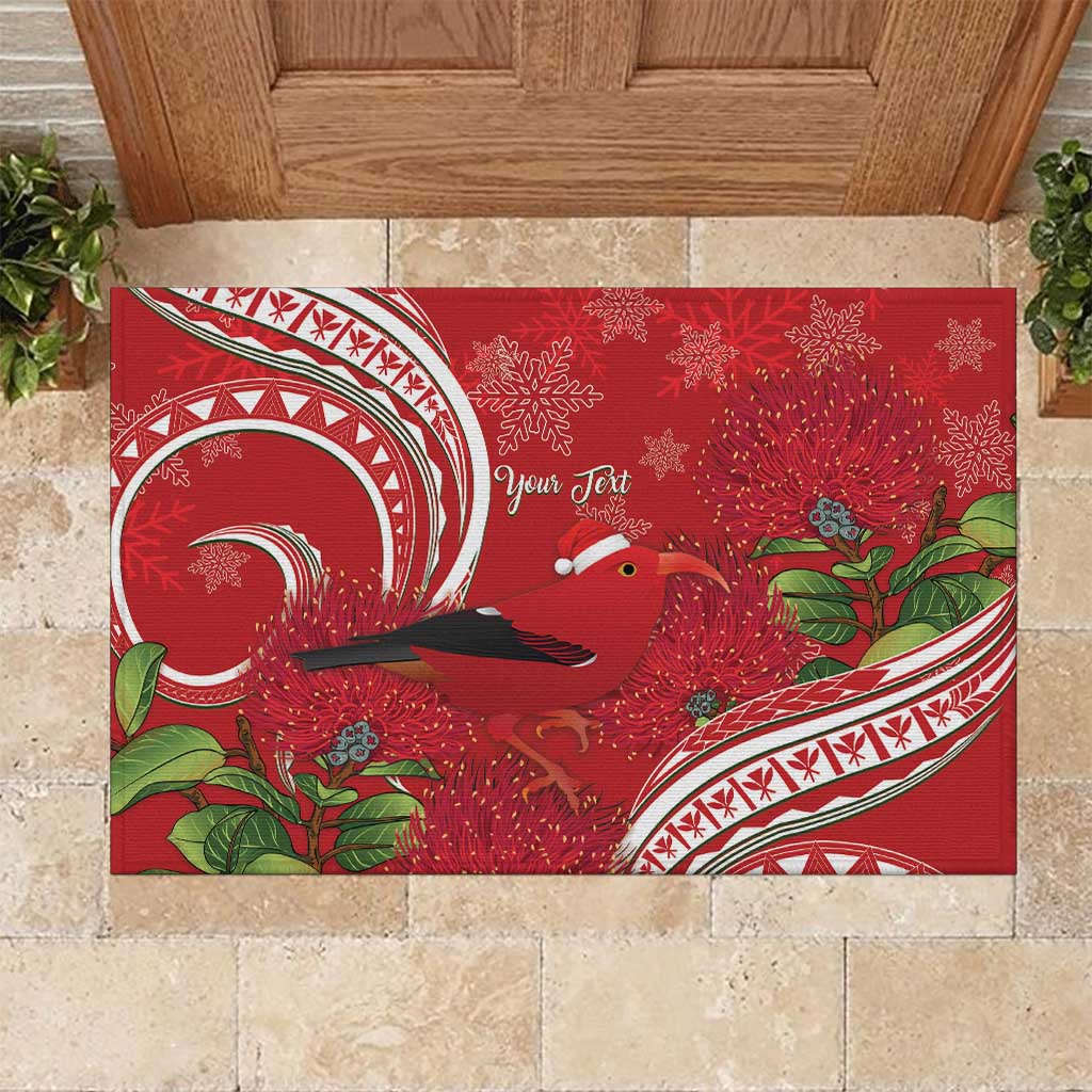 Personalized Mele Kalikimaka Hawaii Rubber Doormat I'iwi Bird With Ohia Lehua - Red Color