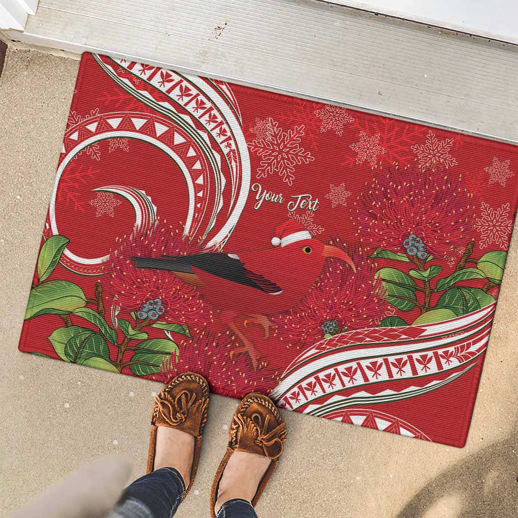 Personalized Mele Kalikimaka Hawaii Rubber Doormat I'iwi Bird With Ohia Lehua - Red Color