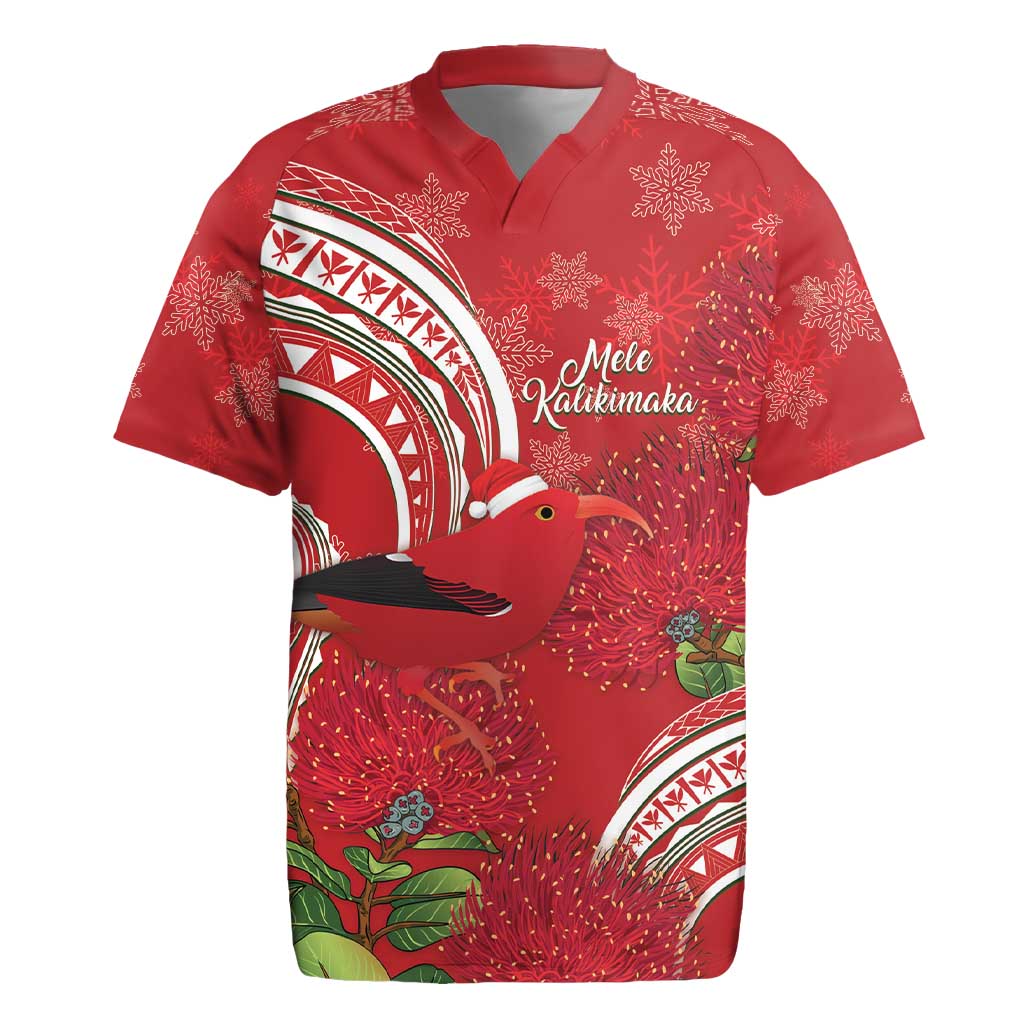 Personalized Mele Kalikimaka Hawaii Rugby Jersey I'iwi Bird With Ohia Lehua - Red Color