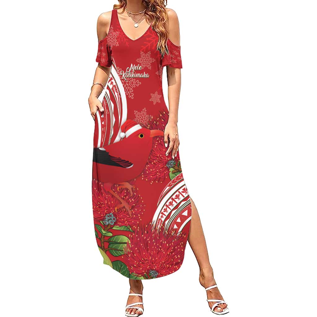 Personalized Mele Kalikimaka Hawaii Summer Maxi Dress I'iwi Bird With Ohia Lehua - Red Color