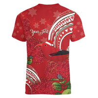 Personalized Mele Kalikimaka Hawaii Women V-Neck T-Shirt I'iwi Bird With Ohia Lehua - Red Color LT14 - Polynesian Pride