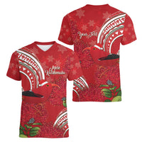 Personalized Mele Kalikimaka Hawaii Women V-Neck T-Shirt I'iwi Bird With Ohia Lehua - Red Color LT14 - Polynesian Pride