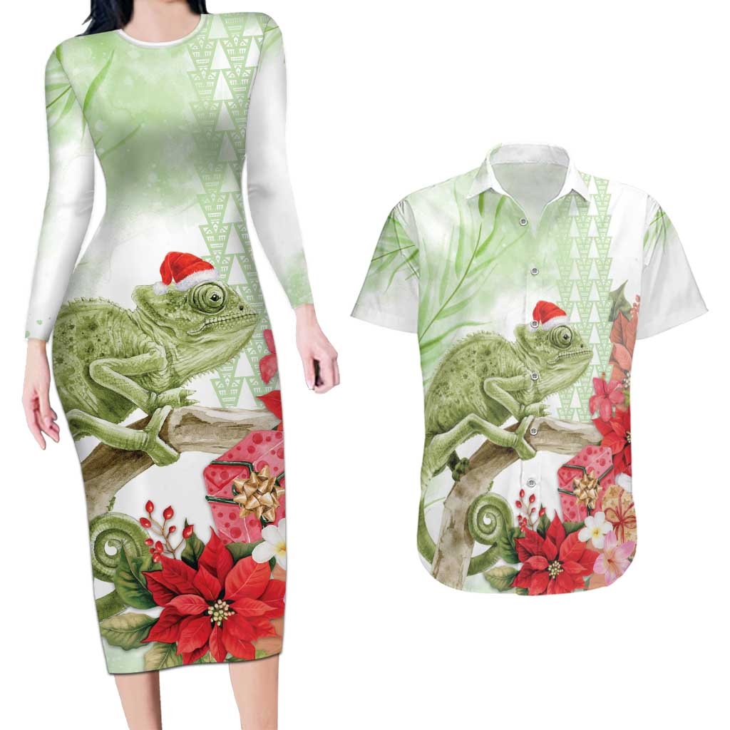 Pastel Green Hawaii Chameleon Christmas Couples Matching Long Sleeve Bodycon Dress and Hawaiian Shirt Mele Kalikimaka Kakau - Watercolor