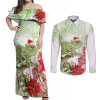 Pastel Green Hawaii Chameleon Christmas Couples Matching Off Shoulder Maxi Dress and Long Sleeve Button Shirt Mele Kalikimaka Kakau - Watercolor LT14 Green - Polynesian Pride
