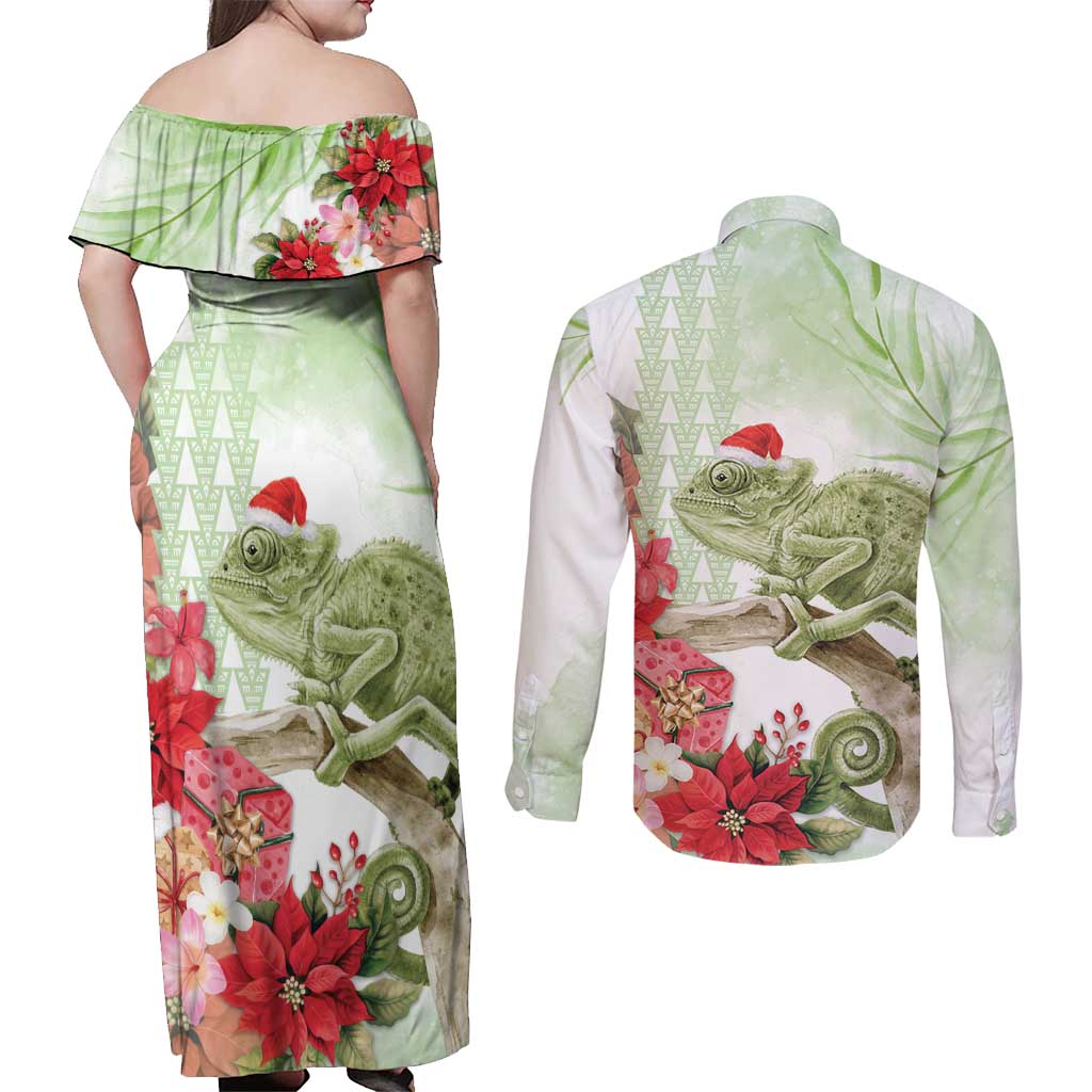 Pastel Green Hawaii Chameleon Christmas Couples Matching Off Shoulder Maxi Dress and Long Sleeve Button Shirt Mele Kalikimaka Kakau - Watercolor LT14 - Polynesian Pride
