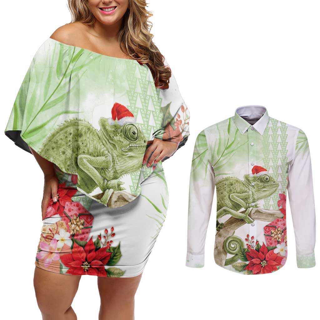 Pastel Green Hawaii Chameleon Christmas Couples Matching Off Shoulder Short Dress and Long Sleeve Button Shirt Mele Kalikimaka Kakau - Watercolor LT14 Green - Polynesian Pride