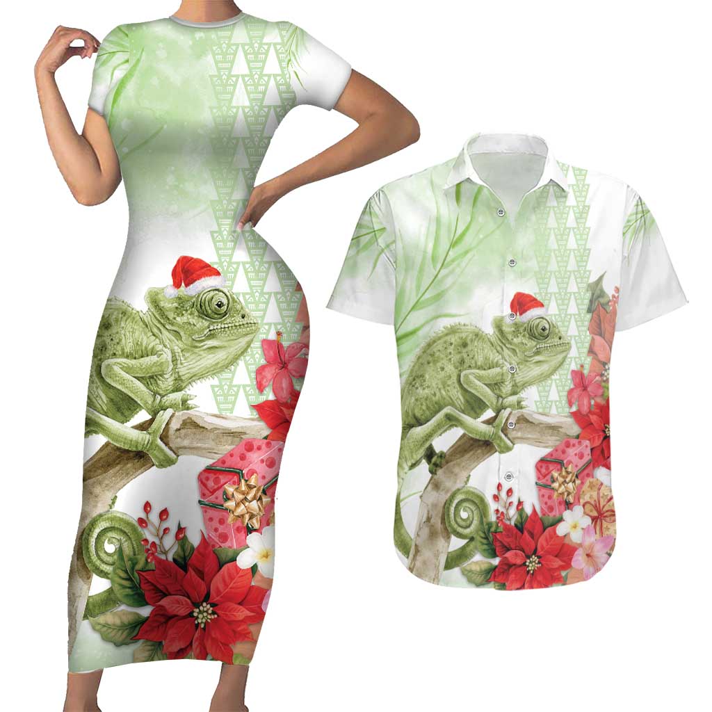 Pastel Green Hawaii Chameleon Christmas Couples Matching Short Sleeve Bodycon Dress and Hawaiian Shirt Mele Kalikimaka Kakau - Watercolor