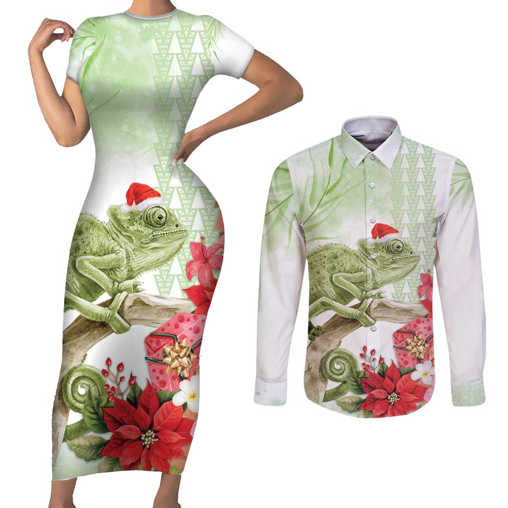 Pastel Green Hawaii Chameleon Christmas Couples Matching Short Sleeve Bodycon Dress and Long Sleeve Button Shirt Mele Kalikimaka Kakau - Watercolor