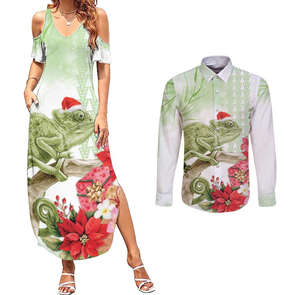 Pastel Green Hawaii Chameleon Christmas Couples Matching Summer Maxi Dress and Long Sleeve Button Shirt Mele Kalikimaka Kakau - Watercolor