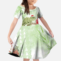 Pastel Green Hawaii Chameleon Christmas Family Matching Long Sleeve Bodycon Dress and Hawaiian Shirt Mele Kalikimaka Kakau - Watercolor LT14 Daughter's Dress Green - Polynesian Pride