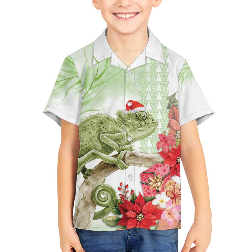 Pastel Green Hawaii Chameleon Christmas Family Matching Long Sleeve Bodycon Dress and Hawaiian Shirt Mele Kalikimaka Kakau - Watercolor LT14 Son's Shirt Green - Polynesian Pride