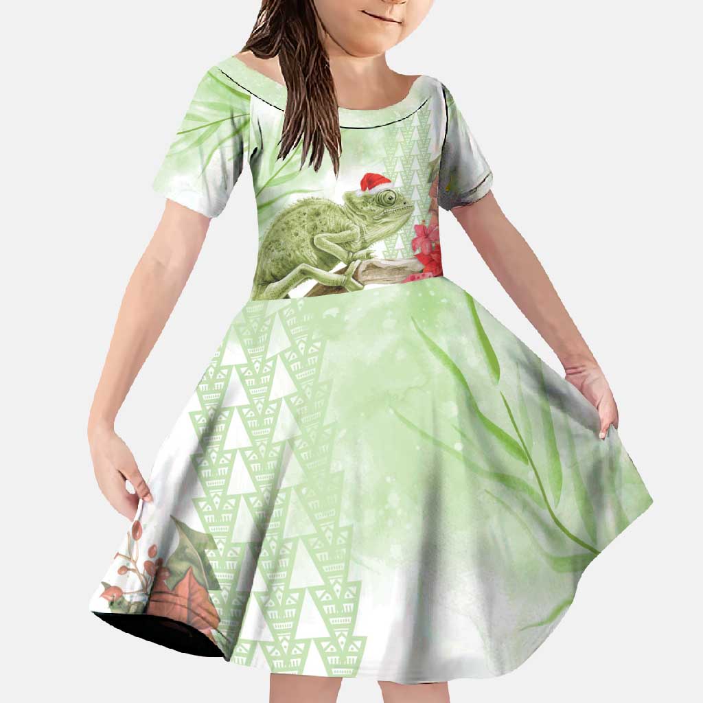 Pastel Green Hawaii Chameleon Christmas Family Matching Short Sleeve Bodycon Dress and Hawaiian Shirt Mele Kalikimaka Kakau - Watercolor
