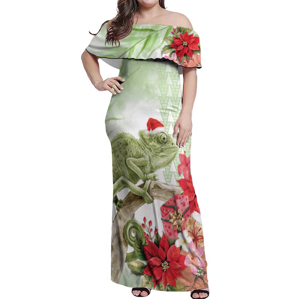 Pastel Green Hawaii Chameleon Christmas Off Shoulder Maxi Dress Mele Kalikimaka Kakau - Watercolor