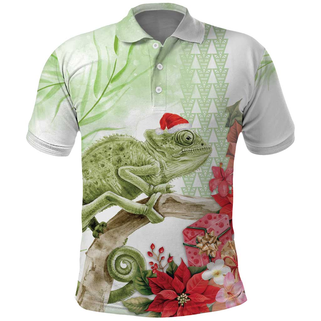 Pastel Green Hawaii Chameleon Christmas Polo Shirt Mele Kalikimaka Kakau - Watercolor