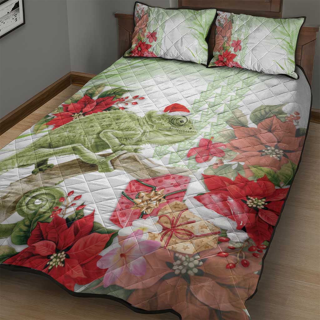 Pastel Green Hawaii Chameleon Christmas Quilt Bed Set Mele Kalikimaka Kakau - Watercolor
