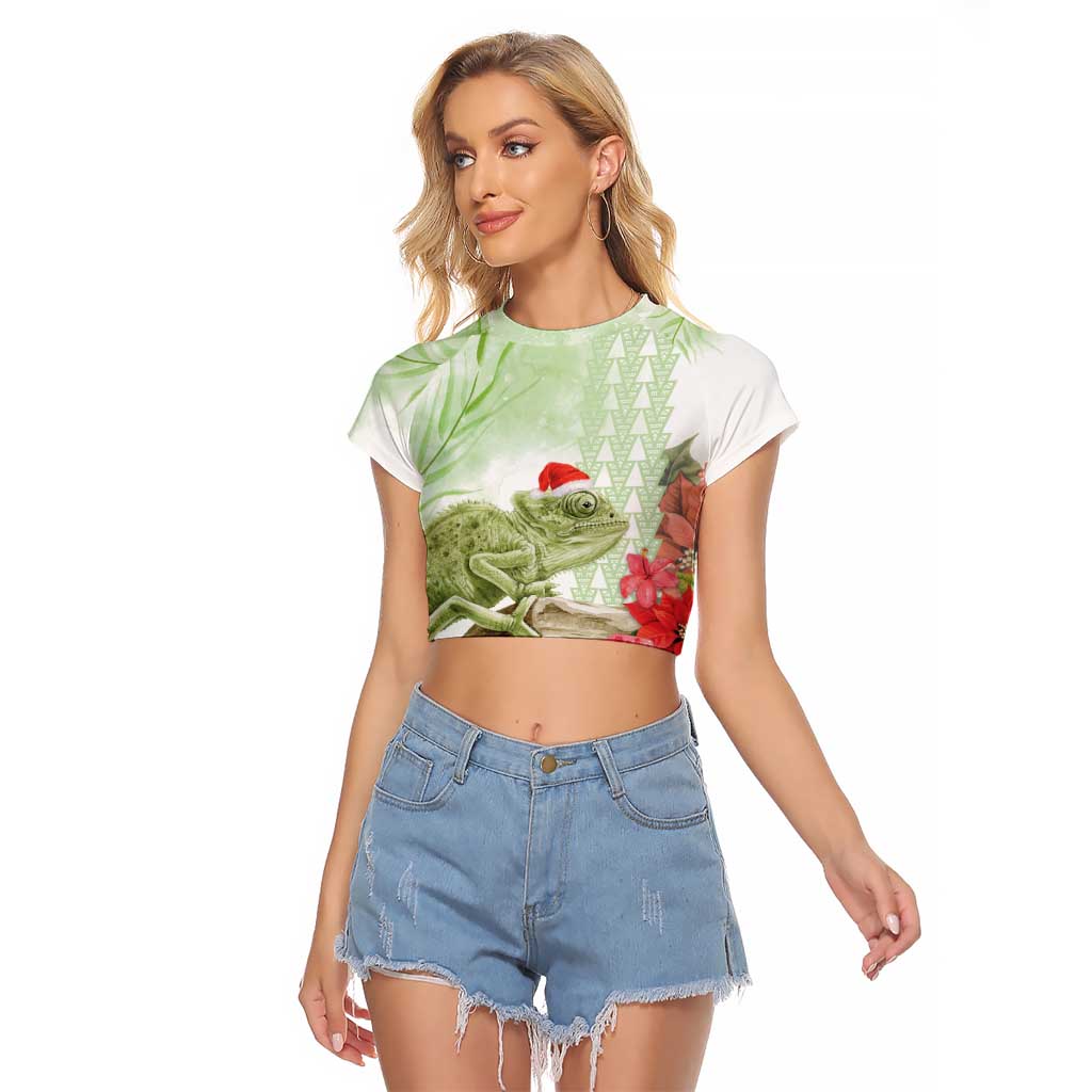 Pastel Green Hawaii Chameleon Christmas Raglan Cropped T Shirt Mele Kalikimaka Kakau - Watercolor