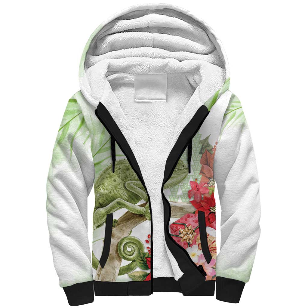 Pastel Green Hawaii Chameleon Christmas Sherpa Hoodie Mele Kalikimaka Kakau - Watercolor