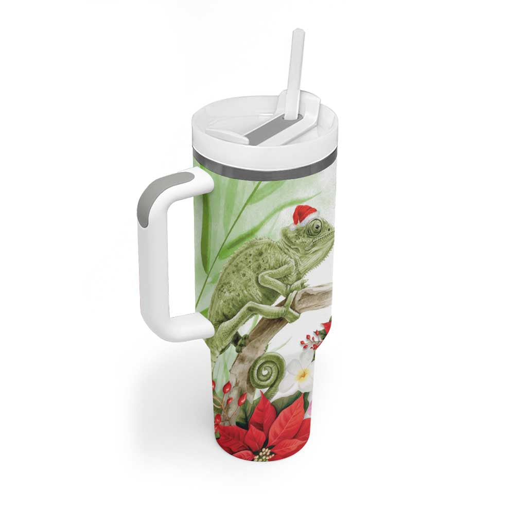 Pastel Green Hawaii Chameleon Christmas Tumbler With Handle Mele Kalikimaka Kakau - Watercolor