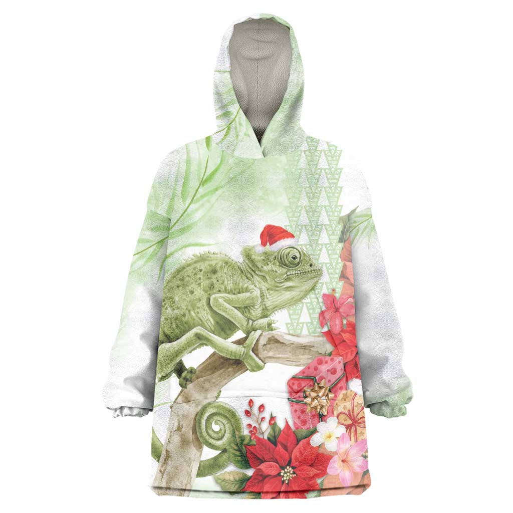 Pastel Green Hawaii Chameleon Christmas Wearable Blanket Hoodie Mele Kalikimaka Kakau - Watercolor