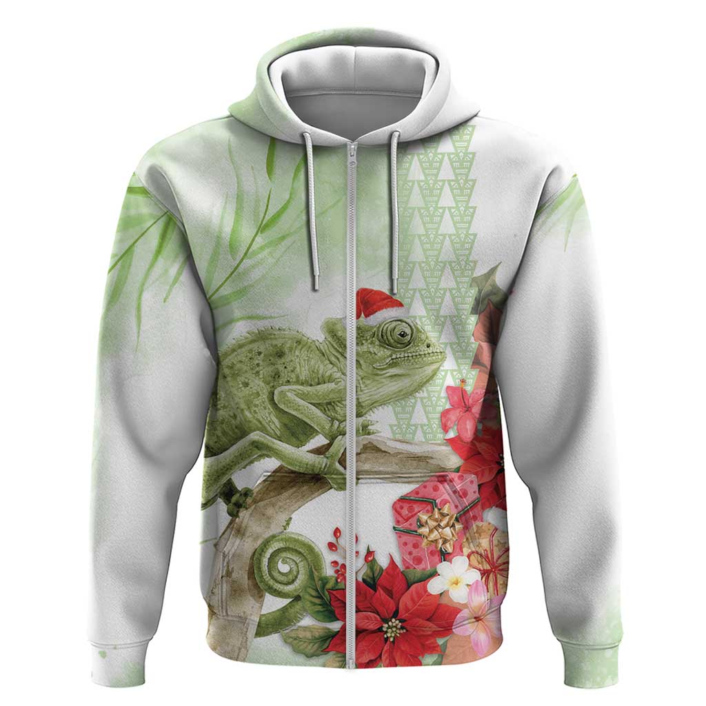 Pastel Green Hawaii Chameleon Christmas Zip Hoodie Mele Kalikimaka Kakau - Watercolor