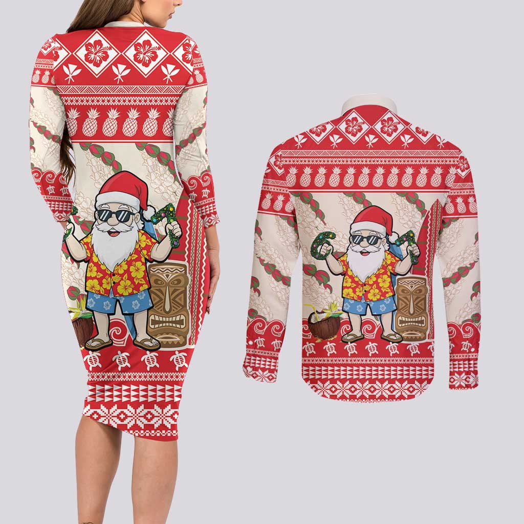 Hawaii Christmas Six Seven Couples Matching Long Sleeve Bodycon Dress and Long Sleeve Button Shirt Mele Kalikimaka Funny Santa 67 Gen Alpha Slang - Polynesian Pride