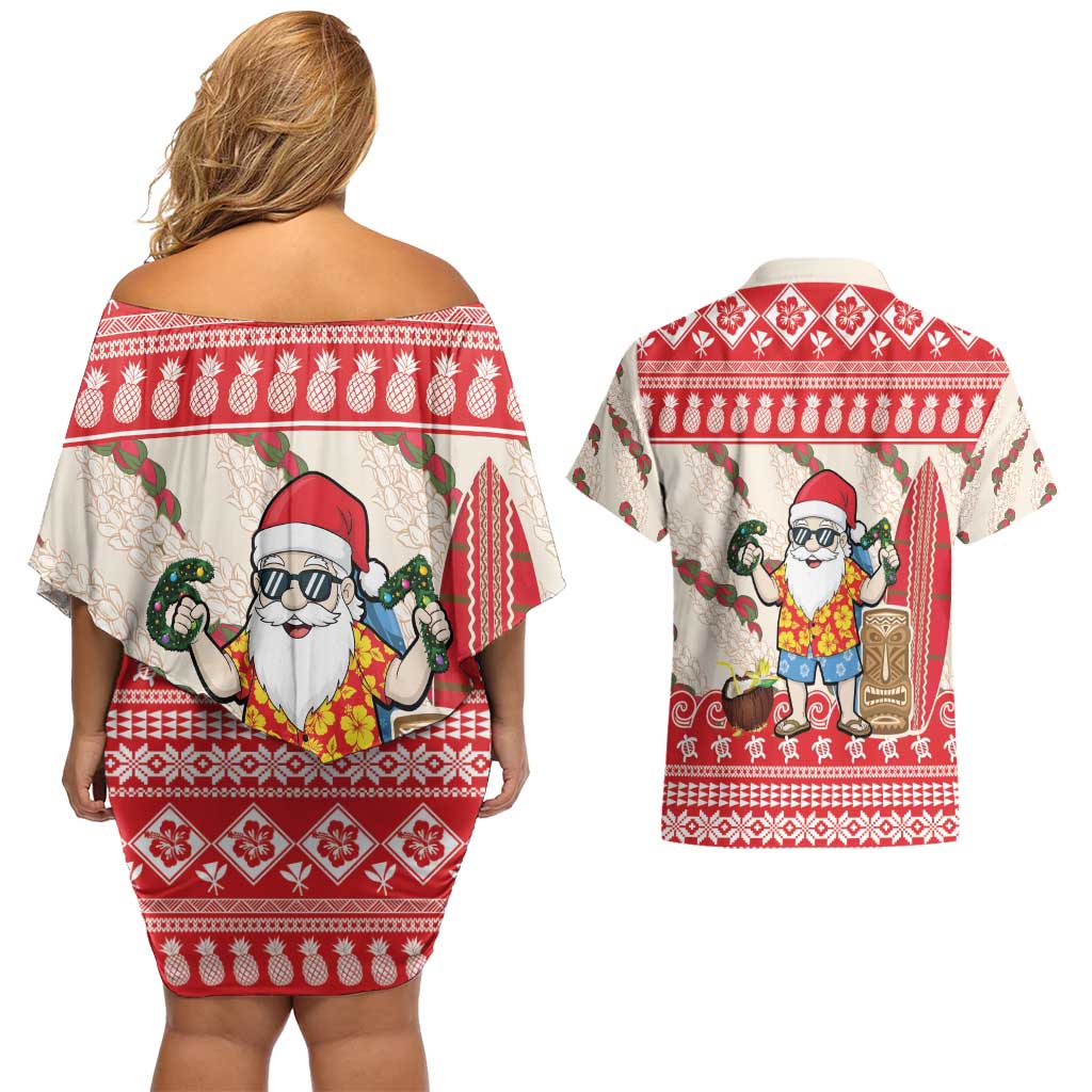 Hawaii Christmas Six Seven Couples Matching Off Shoulder Short Dress and Hawaiian Shirt Mele Kalikimaka Funny Santa 67 Gen Alpha Slang - Polynesian Pride