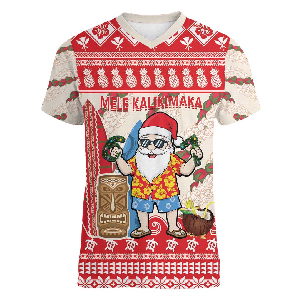 Hawaii Christmas Six Seven Women V-Neck T-Shirt Mele Kalikimaka Funny Santa 67 Gen Alpha Slang - Polynesian Pride