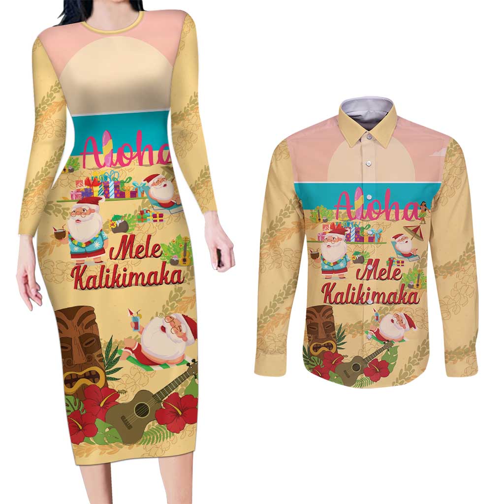 Aloha Hawaii Mele Kalikimaka Couples Matching Long Sleeve Bodycon Dress and Long Sleeve Button Shirt Beachy Funny Santa Hawaiian Lei - Polynesian Pride