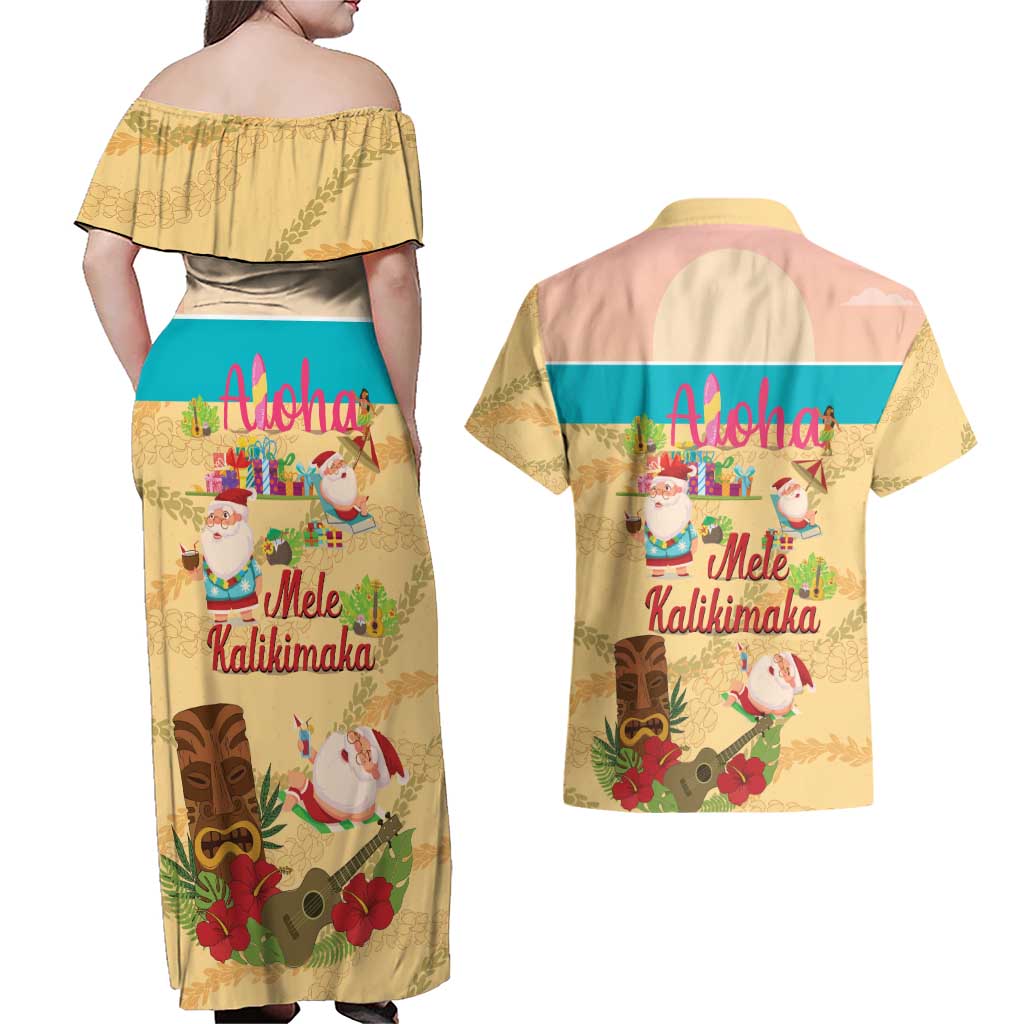 Aloha Hawaii Mele Kalikimaka Couples Matching Off Shoulder Maxi Dress and Hawaiian Shirt Beachy Funny Santa Hawaiian Lei - Polynesian Pride