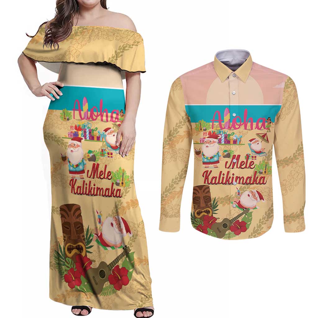 Aloha Hawaii Mele Kalikimaka Couples Matching Off Shoulder Maxi Dress and Long Sleeve Button Shirt Beachy Funny Santa Hawaiian Lei - Polynesian Pride