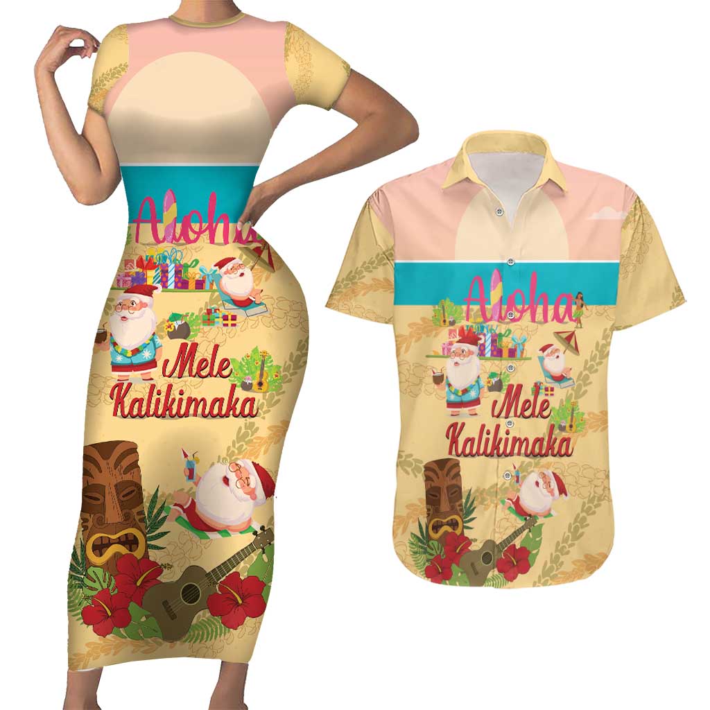 Aloha Hawaii Mele Kalikimaka Couples Matching Short Sleeve Bodycon Dress and Hawaiian Shirt Beachy Funny Santa Hawaiian Lei - Polynesian Pride