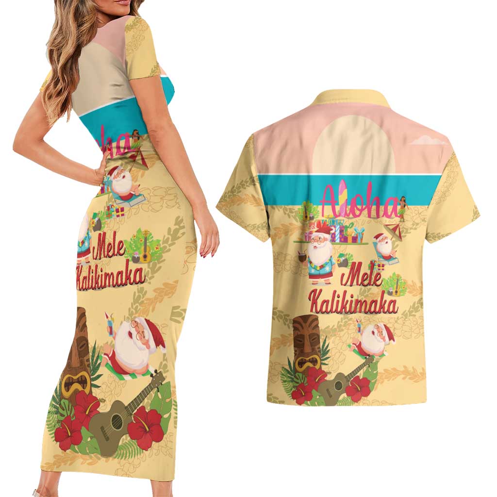 Aloha Hawaii Mele Kalikimaka Couples Matching Short Sleeve Bodycon Dress and Hawaiian Shirt Beachy Funny Santa Hawaiian Lei - Polynesian Pride