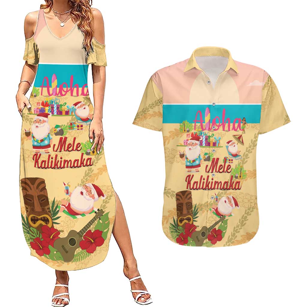Aloha Hawaii Mele Kalikimaka Couples Matching Summer Maxi Dress and Hawaiian Shirt Beachy Funny Santa Hawaiian Lei - Polynesian Pride
