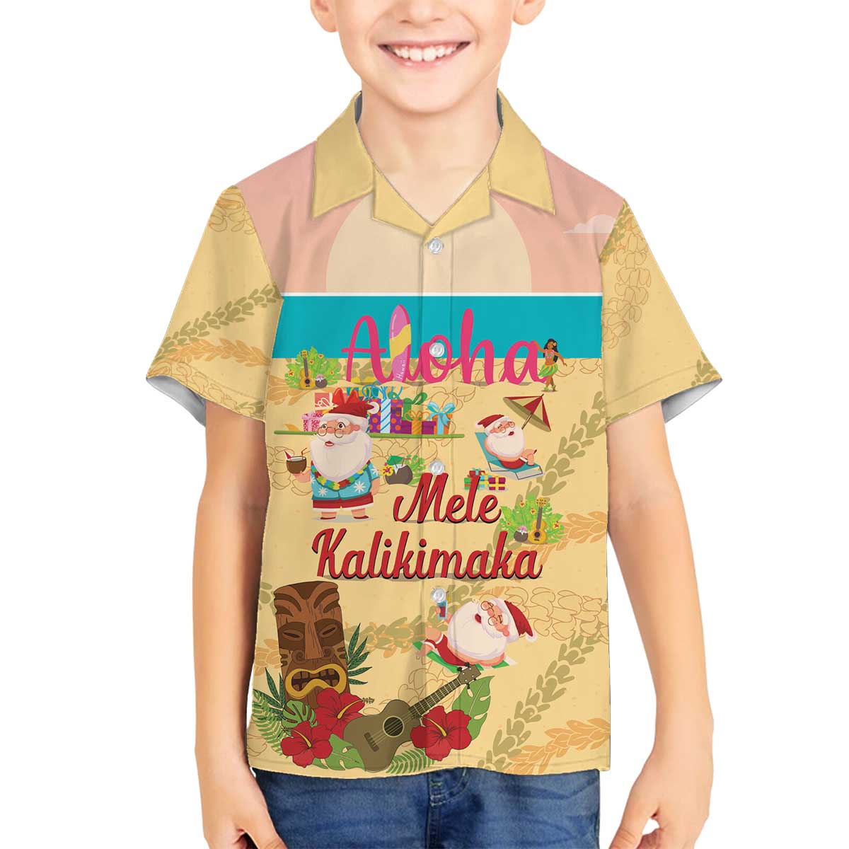 Aloha Hawaii Mele Kalikimaka Family Matching Off The Shoulder Long Sleeve Dress and Hawaiian Shirt Beachy Funny Santa Hawaiian Lei - Polynesian Pride