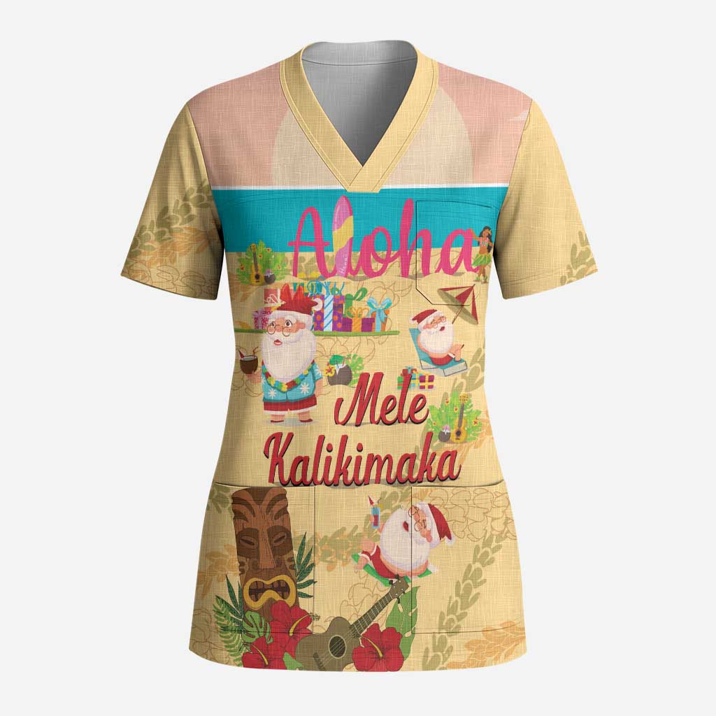 Aloha Hawaii Mele Kalikimaka Scrub Top Beachy Funny Santa Hawaiian Lei - Polynesian Pride