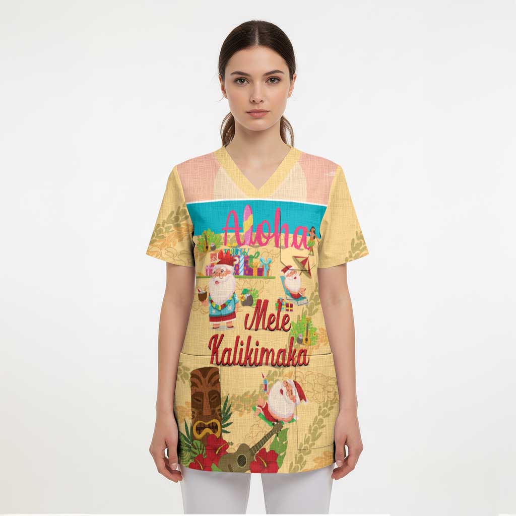 Aloha Hawaii Mele Kalikimaka Scrub Top Beachy Funny Santa Hawaiian Lei - Polynesian Pride