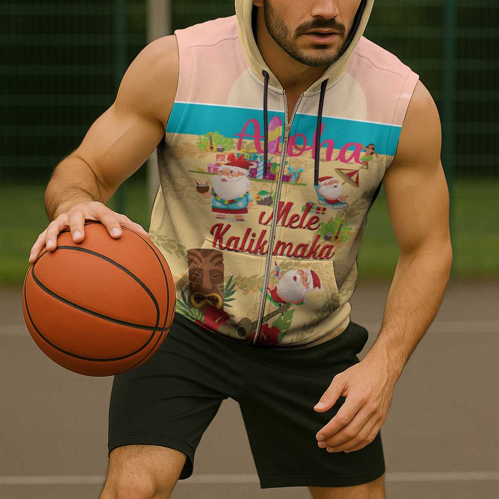 Aloha Hawaii Mele Kalikimaka Sleeveless Zip Hoodie Beachy Funny Santa Hawaiian Lei - Polynesian Pride