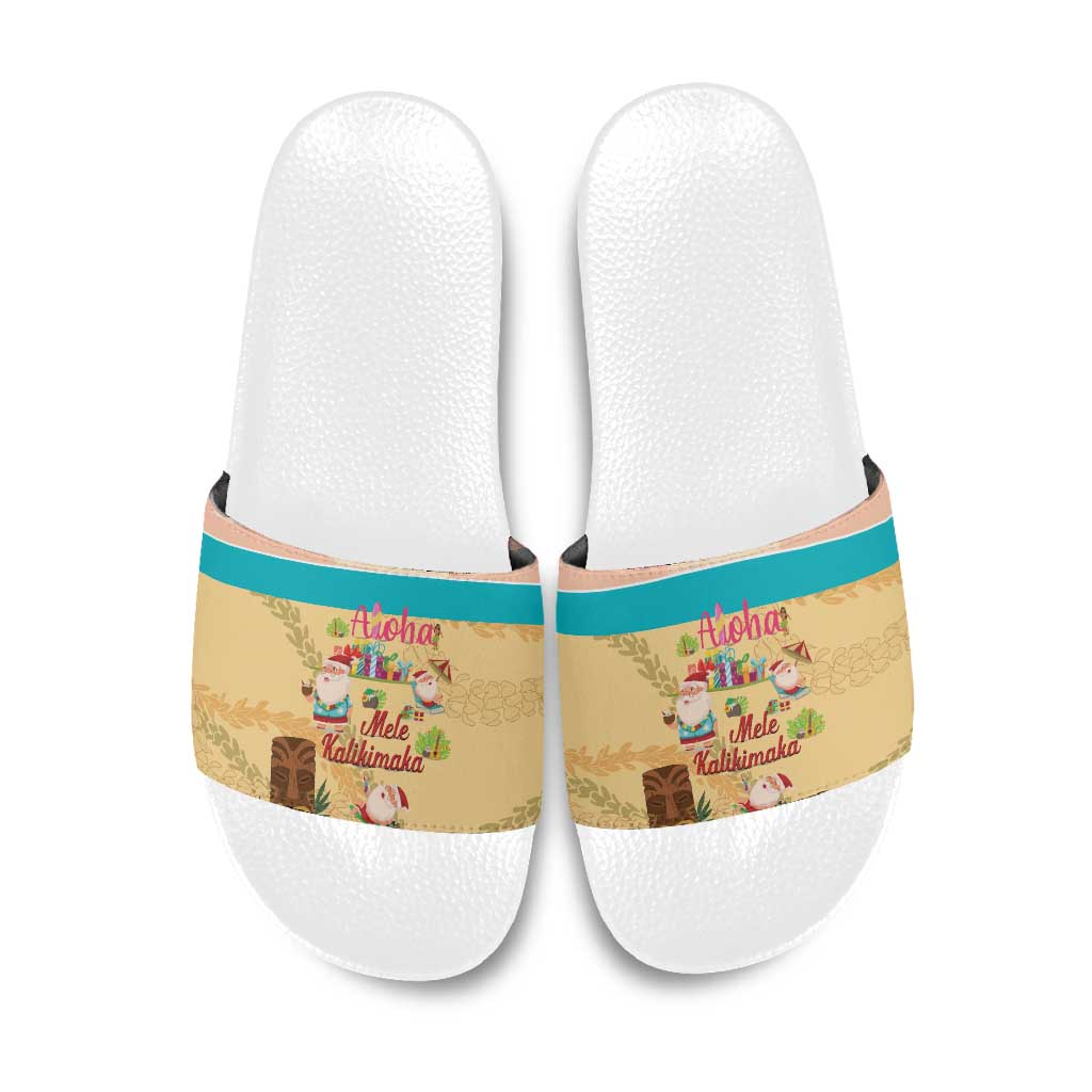 Aloha Hawaii Mele Kalikimaka Slide Sandals Beachy Funny Santa Hawaiian Lei - Polynesian Pride