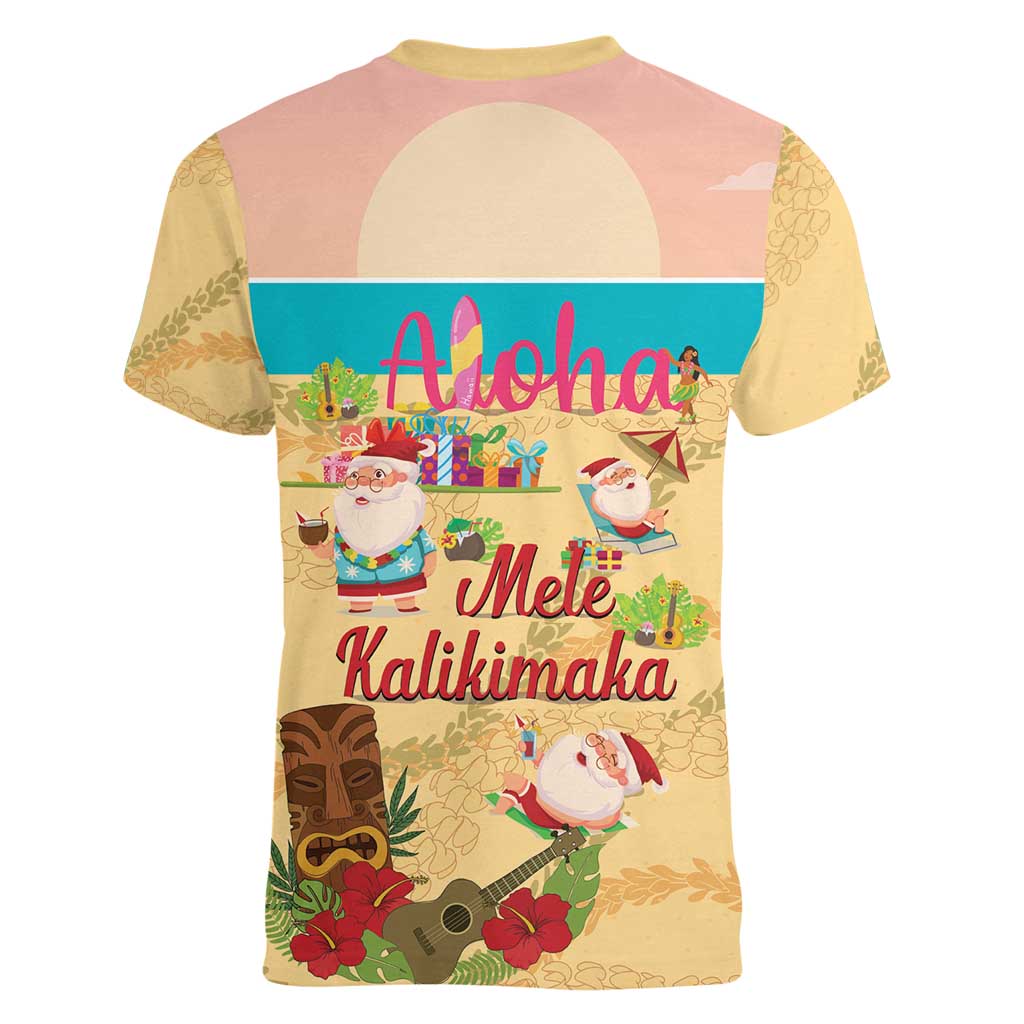 Aloha Hawaii Mele Kalikimaka Women V-Neck T-Shirt Beachy Funny Santa Hawaiian Lei - Polynesian Pride