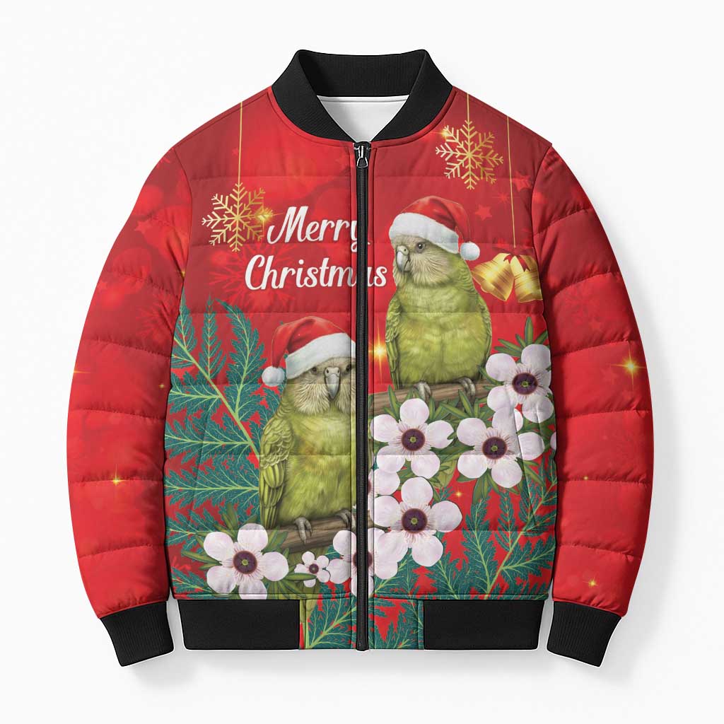 New Zealand Kakapo Christmas Bomber Puffer Jacket Owl Parrot Santa Sliver Fern Manuka - Red - Polynesian Pride