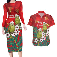New Zealand Kakapo Christmas Couples Matching Long Sleeve Bodycon Dress and Hawaiian Shirt Owl Parrot Santa Sliver Fern Manuka - Red - Polynesian Pride