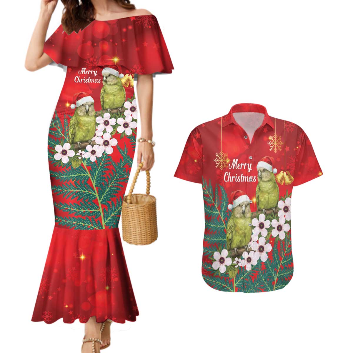 New Zealand Kakapo Christmas Couples Matching Mermaid Dress and Hawaiian Shirt Owl Parrot Santa Sliver Fern Manuka - Red - Polynesian Pride