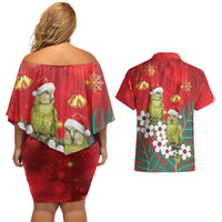 New Zealand Kakapo Christmas Couples Matching Off Shoulder Short Dress and Hawaiian Shirt Owl Parrot Santa Sliver Fern Manuka - Red - Polynesian Pride