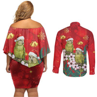 New Zealand Kakapo Christmas Couples Matching Off Shoulder Short Dress and Long Sleeve Button Shirt Owl Parrot Santa Sliver Fern Manuka - Red - Polynesian Pride