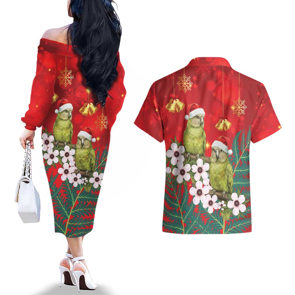New Zealand Kakapo Christmas Couples Matching Off The Shoulder Long Sleeve Dress and Hawaiian Shirt Owl Parrot Santa Sliver Fern Manuka - Red - Polynesian Pride